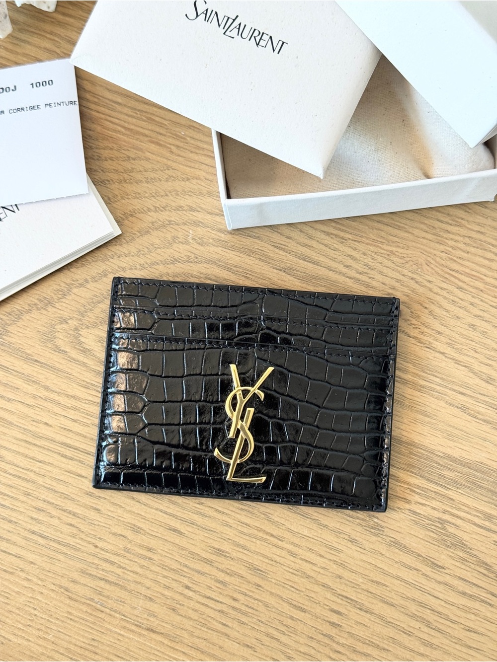 SAINT LAURENT 2025 Embellished croc-effect leather cardholder in Black